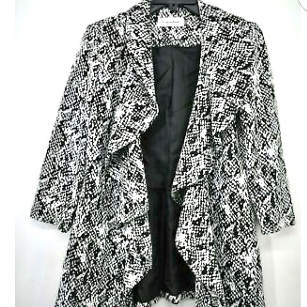 Calvin Klein Black & White Snakeskin Print Waterfall Open Front Blazer Sz 14